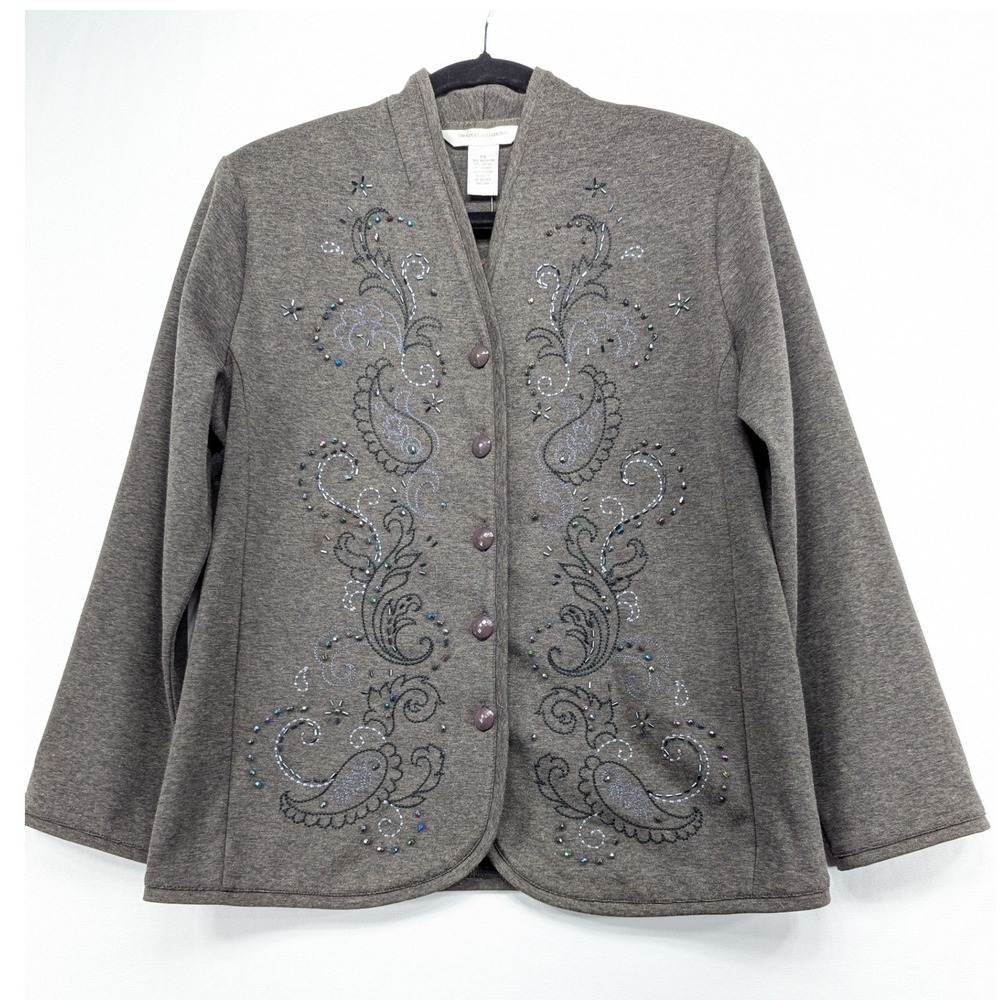Drapers & Damons Petites Gray Beaded Paisley Button Front Cardigan Jacket PS